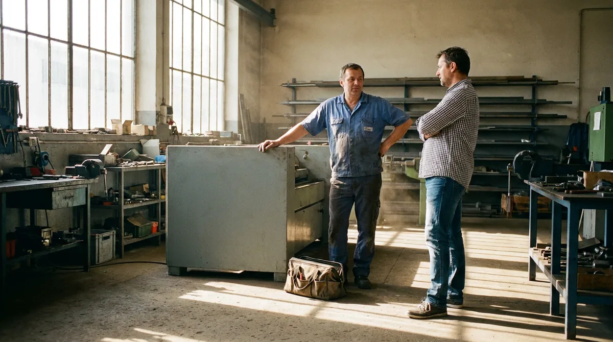 Technik v montérkách stojí ve světlé dílně u stroje a mluví se zákazníkem